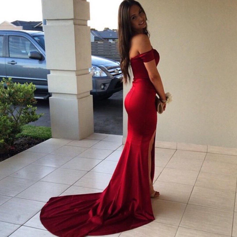 red satin long prom dress