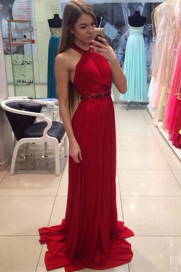 halter neck red prom dress