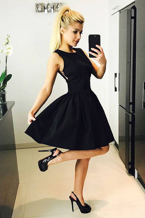 Modern Homecoming Dresses,a-line Homecoming Dress,jewel Homecoming Dresses,black Homecoming Dress,criss Cross Prom Dress,satin Homecoming Dress