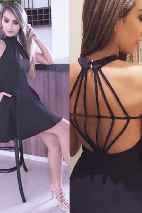 High Neck Prom Dresses,Open Back Prom Gown,Black Homecoming Dresses,Satin Prom Dress,Short Homecoming Dress