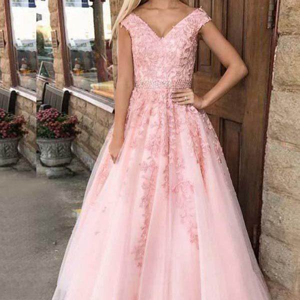 A-Line Square Neck Sweep Train Dress With Flower Blushing Pink main image 1