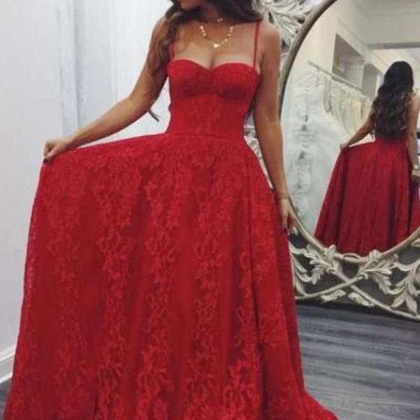 Red Tulle A-line Sweetheart Prom Dresses With Lace Appliques, Party Dress,  MP741