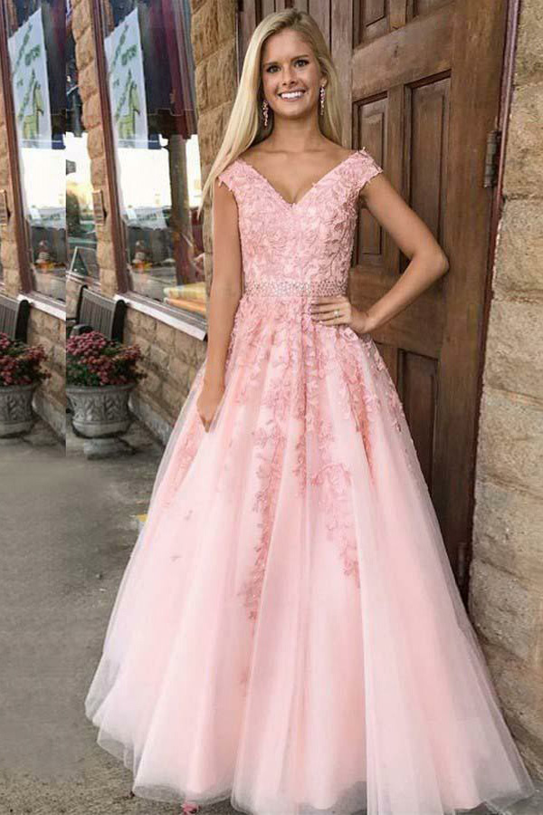 A Line Crew Sweep Train Pink Tulle Prom Dress with Appliques LBQ3334